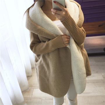 韩版秋冬季女装羊羔毛大码宽松毛衣开衫中长款带帽外套女加绒加厚