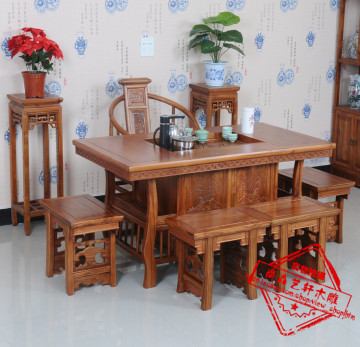 茶桌椅组合实木仿古功夫茶桌 中式家具榆木茶台 电磁炉茶艺泡茶桌