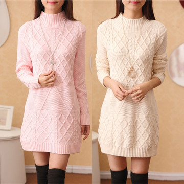 冬季新款女装复古纯色提花半高领加厚中长款打底毛衣裙
