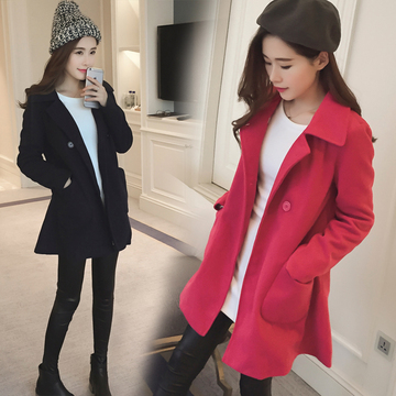 2015女款韩版新款女装冬装加厚斗篷收腰毛呢呢大衣中长款外套纯色