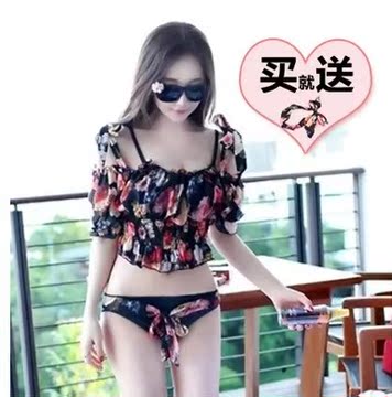 韩国比基尼保守遮肚大小胸钢托聚拢分体bikini游泳衣女三四件套装