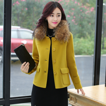 2015韩版新款貉子毛领毛呢外套女短款小香风修身长袖呢子大衣秋冬