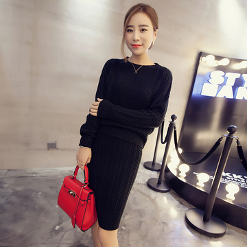 2015秋装新款韩版圆领麻花纹针织套头毛衣长袖毛线半身裙套装女