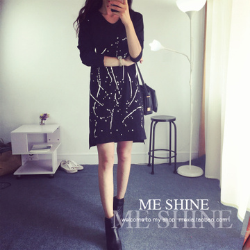 独家2015年秋新款韩国女装漆点字母印花宽松V领长款长袖t恤连衣裙