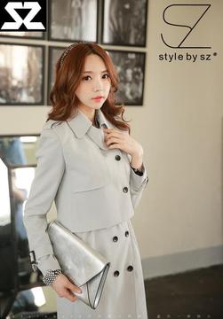 韩国SZ新款韩版修身优雅气质双排扣中长款两件套风衣大衣女装秋冬