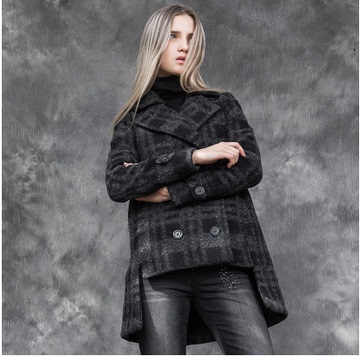 圣迪奥专柜正品女装冬装新款内敛格纹平驳领韩版中长款羊毛呢外套
