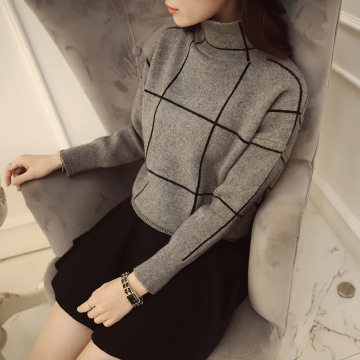 实拍2015韩版秋冬新款女装针织衫格子高领打底衫