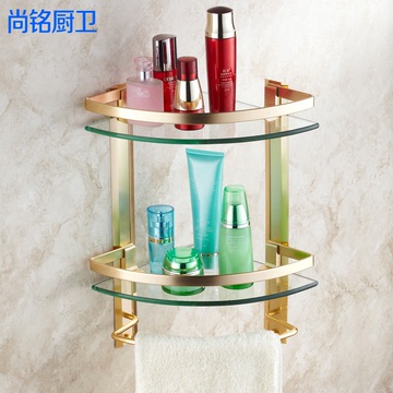 欧式金色浴室厕所卫生间钢化玻璃置物架化妆台架带毛巾杆收纳架