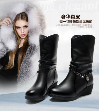 2015秋冬新品真皮坡跟女靴子中筒靴雪地靴平底靴女鞋加绒短靴棉靴