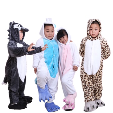 法兰绒男女儿童装大灰狼独角兽卡通动物连体睡衣可爱如厕家居服