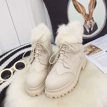 2015冬季新品英伦马丁靴女厚底松糕鞋兔毛镂空系带圆头粗跟短靴子