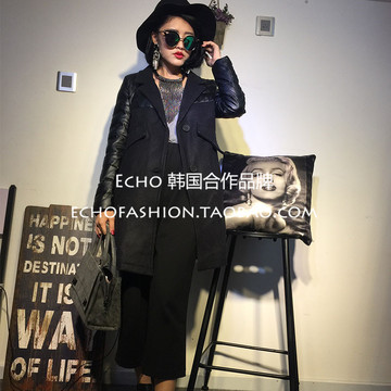 Echo2015秋冬新款韩版中长款呢子大衣潮8228毛呢拼皮棉外套女风衣