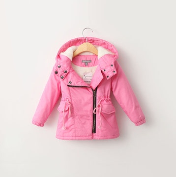 韩版童装新款女童冬季羊羔绒外套 儿童宝宝拉链连帽风衣加厚棉衣