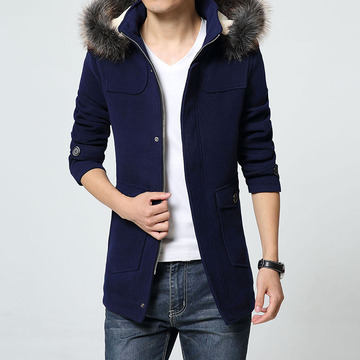 韩版青少年按扣羊毛呢大衣中长款男装修身连帽加厚冬装呢子外套男