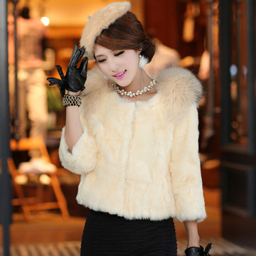 2016冬装新款韩版女装貉子毛领獭兔毛七分袖海宁皮草修身短款外套