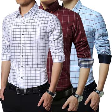 2015秋季韩版休闲衬衫青年商务大码修身型格子白衬衣男士长袖衬衫