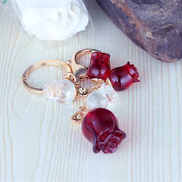 韩国创意礼品可爱水晶玫瑰花朵汽车钥匙扣钥匙链圈女包包挂件饰品