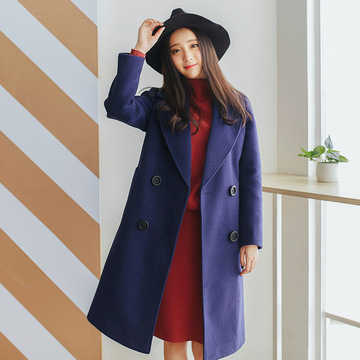 2015冬季新款韩版女装时尚百搭长款纯色毛呢外套呢子大衣风衣