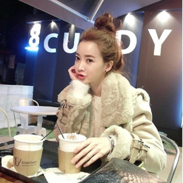 2015新款韩版冬装新款机车皮羊羔毛中长款棉衣女装加厚鹿皮绒外套
