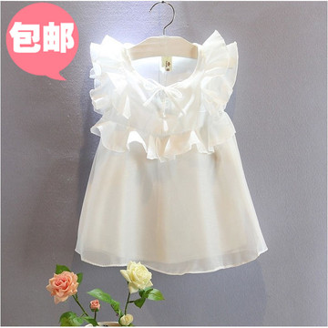 2015韩版夏季童装新款无袖蕾丝花边雪纺上衣女童白色荷叶边背心潮