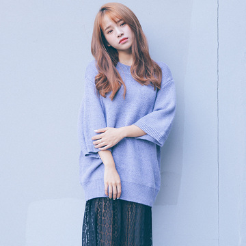 2016春韩版新款七分袖中长款宽松套头毛衣女学院风修身显瘦针织衫