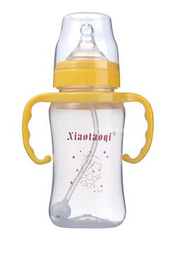 小淘气宽口300mlPP奶瓶有手柄带吸管圆弧瓶身自动防胀气防摔奶瓶
