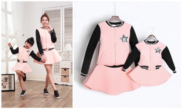 实拍2015韩国秋季新款亲子母女装棒球服外套短裙两件套粉色