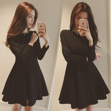 2016秋季新款赫本大码小黑裙长袖修身显瘦打底裙连衣裙