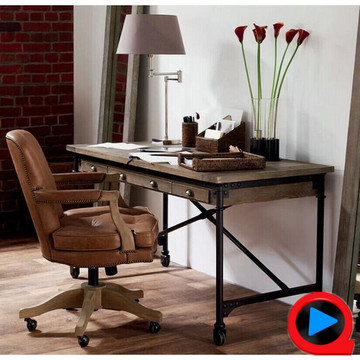 型派美式乡村铁艺书桌做旧办公桌实木写字台移动电脑桌子
