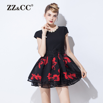 ZZCC2015夏装新款大码女装胖MM女式欧根纱修身显瘦短袖连衣裙