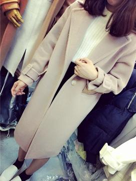 2015冬季新款韩版气质显瘦宽松百搭袖带毛呢中长款大衣外套女