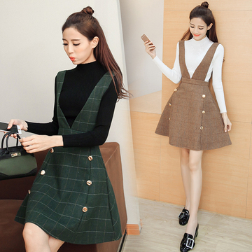 秋冬新款2016韩版女装长袖针织衫A字背带裙两件套修身毛呢连衣裙