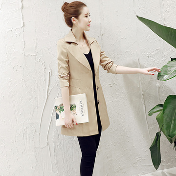 韩版修身显瘦外套2016年秋季时尚潮流简约大方纯色中长款长袖风衣