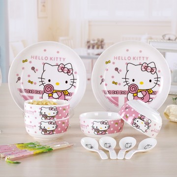 碗套装 可爱卡通陶瓷餐具 14头KT猫正品韩式骨瓷 碗盘子勺子包邮