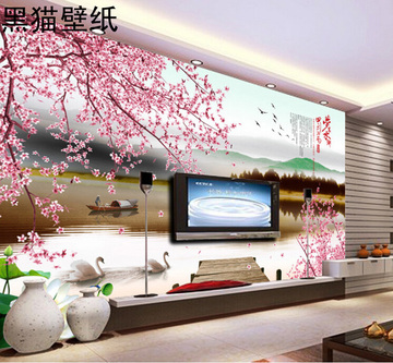 大型现代中式客厅电视背景墙壁纸、卧室壁画无纺布、梦回江南墙纸