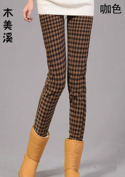 韩版时尚格子印花拉绒保暖小脚裤 外穿打底裤