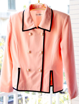 vintage古着复古 上身超美的黑色包边橘粉色长袖羊毛薄款外套推荐
