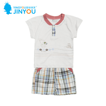 婴幼锦友2015夏装男童套装 宝宝格子短袖T恤短裤两件套装婴儿衣服