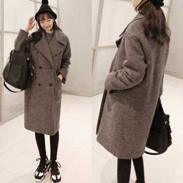 2015韩国冬装新款女装韩版大翻领显瘦中长款毛呢女外套羊毛呢大衣