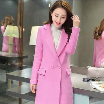 2015秋冬季新款韩版修身显瘦长袖中长款羊毛呢子外套粉色大衣女潮