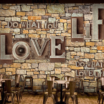 立体3D大型壁画复古怀旧石头纹字母咖啡餐厅网吧ktv背景砖墙壁纸