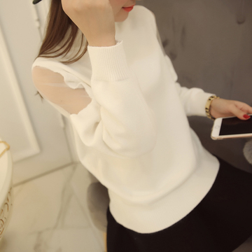 2015韩版秋冬新款半高领女装针织衫肩膀蕾丝袖打底毛衣女