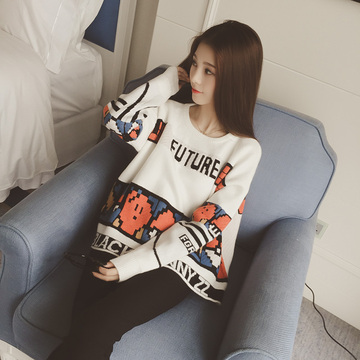 2015秋季新款欧美风卡通字母宽松长袖套头毛衣 韩版甜美针织衫 女