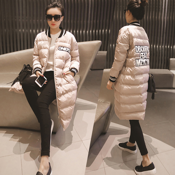 2015冬装新款韩版中长款女士棒球服字母时尚百搭修身棉服大衣外套