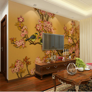 现代中式无缝3D电视背景墙壁纸欧式客厅卧室温馨无纺布墙纸