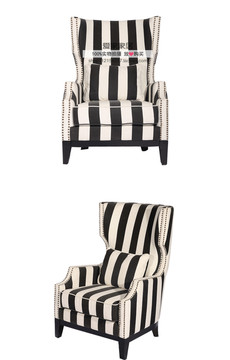 直销美式布艺沙发 欧式新古典黑白条纹老虎椅酒店高靠背单人沙发