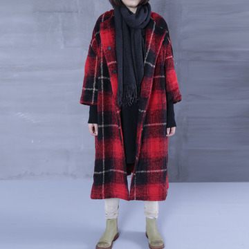 原创设计宽松大码羊毛尼长款格子外套 绿色红色 藏青文艺加厚外套
