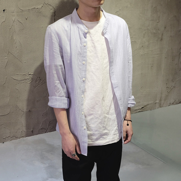 2016新款男条纹长袖亚麻布立领水洗棉衬衫