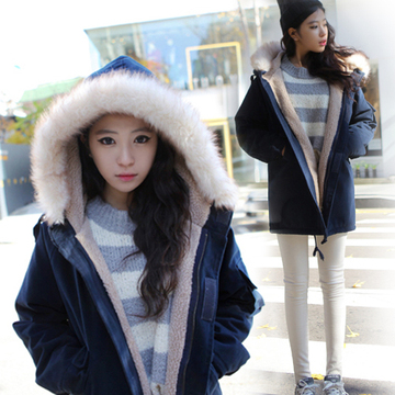 冬季新款韩版中长款学院风加厚羊羔绒外套工装棉衣连帽学生装女潮