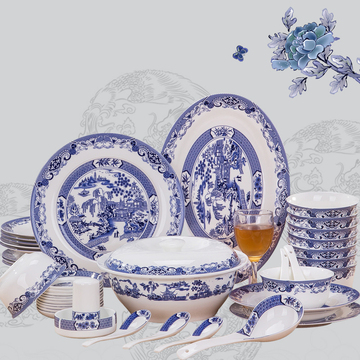景德镇陶瓷器56头青花瓷釉中彩骨瓷餐具套装碗碟盘勺中式碗碟套装